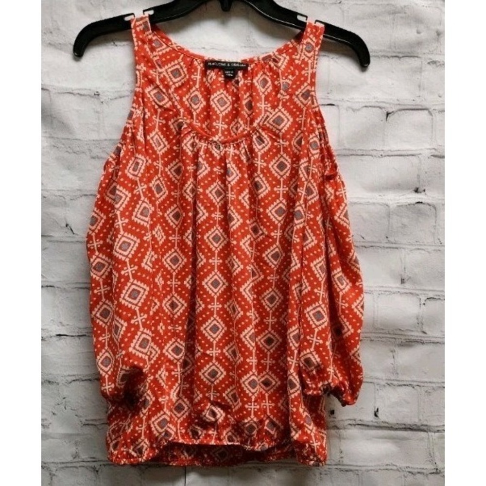 Harlowe And Graham Womens Top XS Off The Shoulder Orange White Polyester Boho